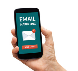 Hand holding a black smart phone with email marketing concept on screen. Isolated on white background. All screen content is designed by me.