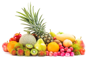 Naklejka na ściany i meble Group of tropical fresh fruits and vegetables isolated on white background