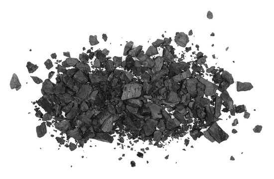 Black coal pile isolated on white background, top view