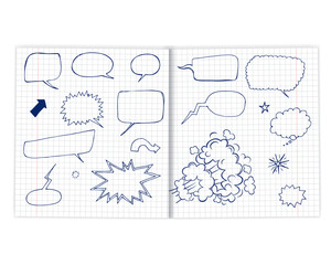 set of speech bubbles on a sheet from a notebook