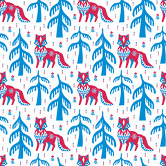 Decorative seamless pattern in folk style with red fox. Colorful vector background.