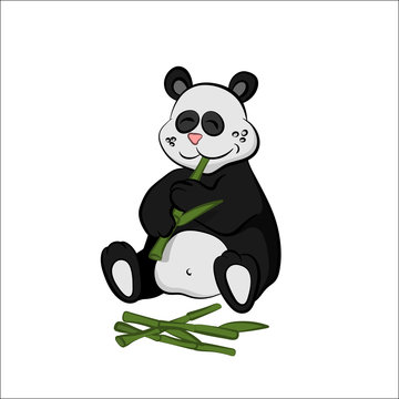 Animals of zoo. Panda eating bamboo in cartoon style. Isolated cute character. Vector illustration