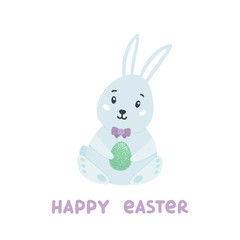 Cute rabbit with egg and inscription Happy Easter. It can be used for greeting card, mug, brochures, poster, label etc.