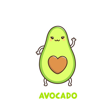 Character kawaii cute avocado with a smile, with a bone in the form of a heart, on a white background. It can be used for sticker, patch, phone case, poster, t-shirt, mug and other design.