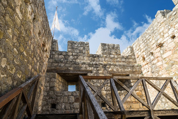 stone fortress tower in medieval Cherven, Bulgaria – view from incide