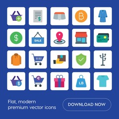 Modern Simple Set of clothes, shopping Vector flat Icons. ..Contains such Icons as  pound,  sale, security,  holiday,  market,  ribbon,  sign and more on blue background. Fully Editable. Pixel Perfect