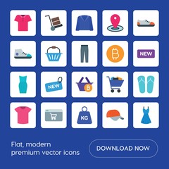 Modern Simple Set of clothes, shopping Vector flat Icons. ..Contains such Icons as  information, home,  steel,  design,  wear,  hat,  cargo and more on blue background. Fully Editable. Pixel Perfect