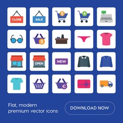 Modern Simple Set of clothes, shopping Vector flat Icons. ..Contains such Icons as  bank,  add,  delivery,  cargo,  vector, bitcoin,  money and more on blue background. Fully Editable. Pixel Perfect