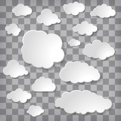 Vector illustration of white paper clouds collection on a chequered background