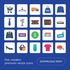 Modern Simple Set of clothes, shopping Vector flat Icons. ..Contains such Icons as buy,  baseball, weight,  beautiful,  shorts, basket,  flat and more on blue background. Fully Editable. Pixel Perfect