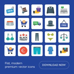 Modern Simple Set of clothes, shopping Vector flat Icons. ..Contains such Icons as  vacation, fashion,  retro,  weight,  royal,  woman, gift and more on blue background. Fully Editable. Pixel Perfect