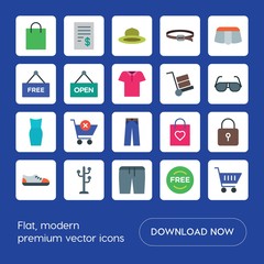 Modern Simple Set of clothes, shopping Vector flat Icons. ..Contains such Icons as  business,  trolley, cart,  woman,  wear, clothing,  money and more on blue background. Fully Editable. Pixel Perfect