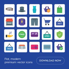 Modern Simple Set of clothes, shopping Vector flat Icons. ..Contains such Icons as  symbol,  clothing,  background,  white,  technology, hat and more on blue background. Fully Editable. Pixel Perfect