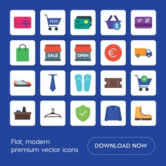 Modern Simple Set of clothes, shopping Vector flat Icons. ..Contains such Icons as  payment,  retail, plastic,  check,  clothing,  leather and more on blue background. Fully Editable. Pixel Perfect
