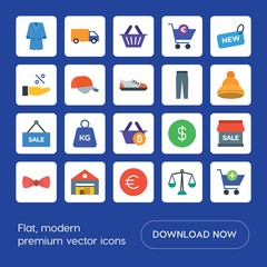 Modern Simple Set of clothes, shopping Vector flat Icons. ..Contains such Icons as  empty,  heavy, buy, weight,  transportation,  shop,  two and more on blue background. Fully Editable. Pixel Perfect