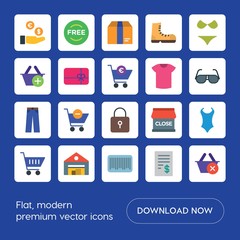 Modern Simple Set of clothes, shopping Vector flat Icons. ..Contains such Icons as fashion,  business, warehouse,  sale,  symbol,  money, box and more on blue background. Fully Editable. Pixel Perfect