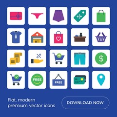 Modern Simple Set of clothes, shopping Vector flat Icons. ..Contains such Icons as finance,  price,  dress,  free,  discount,  market, gift and more on blue background. Fully Editable. Pixel Perfect