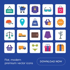 Modern Simple Set of clothes, shopping Vector flat Icons. ..Contains such Icons as  foot, basket,  two,  full,  supermarket,  clothing, box and more on blue background. Fully Editable. Pixel Perfect