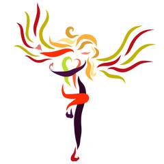 Winged woman dancing incendiary dance