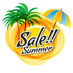 Fototapeta na wymiar The yellow abstract sun with the summer sale text. Palm trees and umbrella, symbols of summer. Vector illustration sale summer.