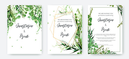 Fototapeta na wymiar Wedding invitation frame set; flowers, leaves, watercolor, isolated on white. Sketched wreath, floral and herbs garland with green, greenery color. Handdrawn Vector Watercolour style, nature art.