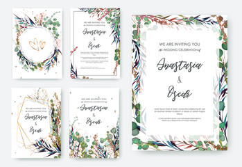 Wedding invitation frame set; flowers, leaves, watercolor, isolated on white. Sketched wreath, floral and herbs garland with green, greenery color. Handdrawn Vector Watercolour style, nature art.