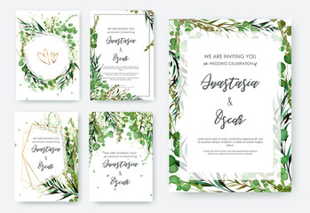 Wedding invitation frame set; flowers, leaves, watercolor, isolated on white. Sketched wreath, floral and herbs garland with green, greenery color. Handdrawn Vector Watercolour style, nature art.