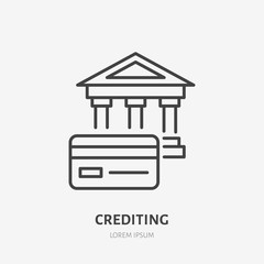 Credit card with bank flat line icon. Banking sign. Thin linear logo for legal financial services, accounting.