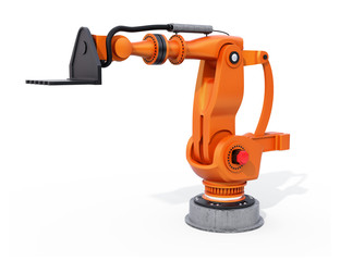 Fototapeta na wymiar Orange heavyweight robotic arm isolated on white background. 3D rendering image.