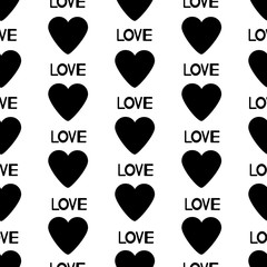 Seamless pattern from the black  hearts and words love.