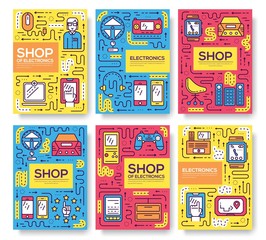 Device store concept. Thin line icons with flat background design. Sale electronic on modern shop. The seller advises the buyer illustration