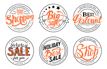 Obraz premium Shopping set label template of emblem element for your product or design, web and mobile applications with text. Vector illustration with thin lines isolated icons on stamp symbol. 