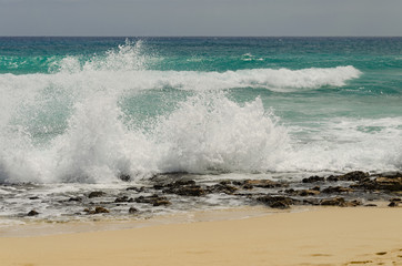 Rough ocean and a sandy beach of Corralejo on Fuerteventura, The Canary Islands