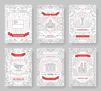 thin line Singapore travel vacation guide concept. Art architecture, magazine, book, poster, abstract, banners, element. Vector traditional ethnic outline package greeting card or invitation brochure 