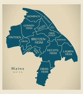 Modern City Map - Mainz city of Germany with boroughs and titles DE