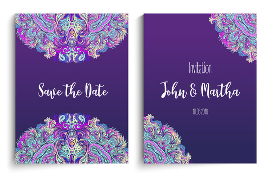 Beautiful Indian floral ornament for wedding invitation. Save the date card design. Ornamental, oriental pattern. Vector illustration. - Powered by Adobe