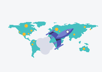 Obraz premium Bitcoins worldwide with map on the background and rocket flying. Bitcoin trading concept.