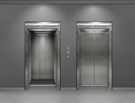 Chrome metal office building elevator doors. Open and closed variant. Realistic vector illustration gray wall panels office building elevator.