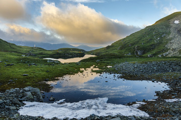 Panorama landscape with a lake in the mountains in the Carpathians.