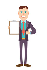 Businessman holding clipboard and showing thumb up