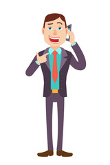Businessman pointing his finger at the mobile phone that he talks