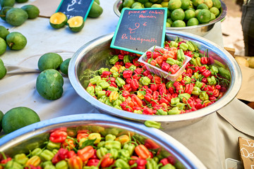 exotic peppers (piments cabri) on local market of Saint-Pierre,