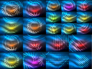 Set of neon glowing abstract backgrounds bright glowing blur lines. Futuristic digital style glow neon disco club concept or night party idea