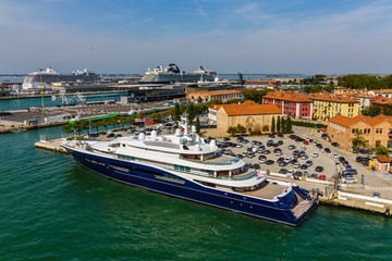 Yacht in Venice with Cruise Ships in Background
