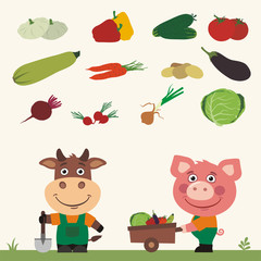 Set of isolated vegetables: squash, peppers, cucumbers, tomatoes, zucchini, carrots, potatoes, eggplant, beets, radishes, cabbage, onions. Funny bull and pig farmers.