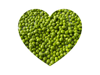Green peas in heart shape isolated on a white. Vegetables with copy space for text. Top view.