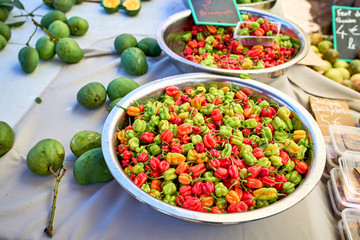 exotic peppers (piments cabri) on local market of Saint-Pierre,