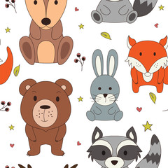 Forest seamless pattering in cartoon style. Woodland animals. Vector illustration