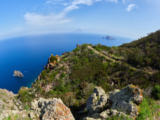 Beautiful mountain and coast scenery on Panarea hiking trails, Aeolian islands, Sicily, Italy
