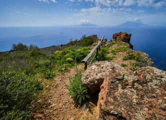 Beautiful mountain and coast scenery on Panarea hiking trails, Aeolian islands, Sicily, Italy
